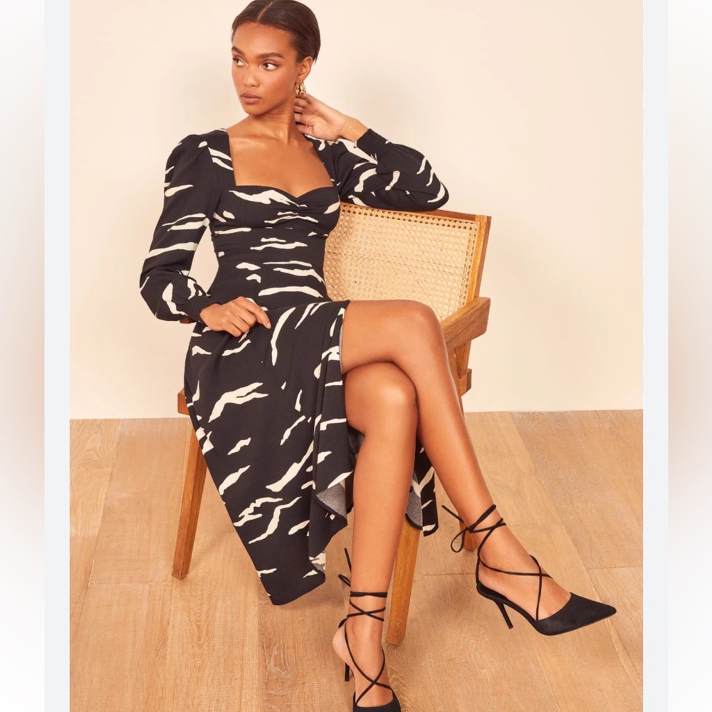 NWT Reformation Wallflower Midi in Mustang Black Ivory Slit Crepe Dress